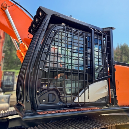 Hitachi excavator with cab guard, door guard and window guards side view