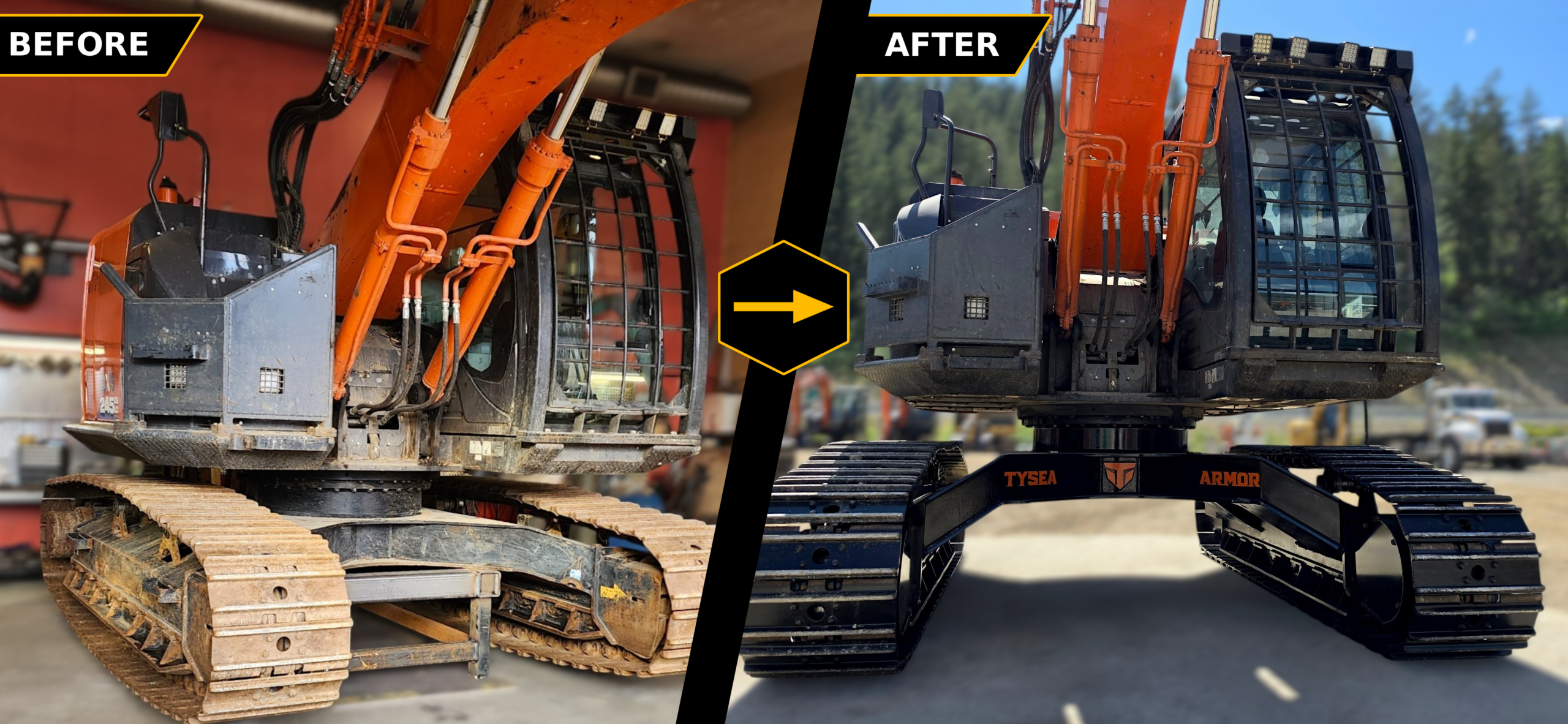 Hitachi ZX245 US High and wide before and after side by side comparison