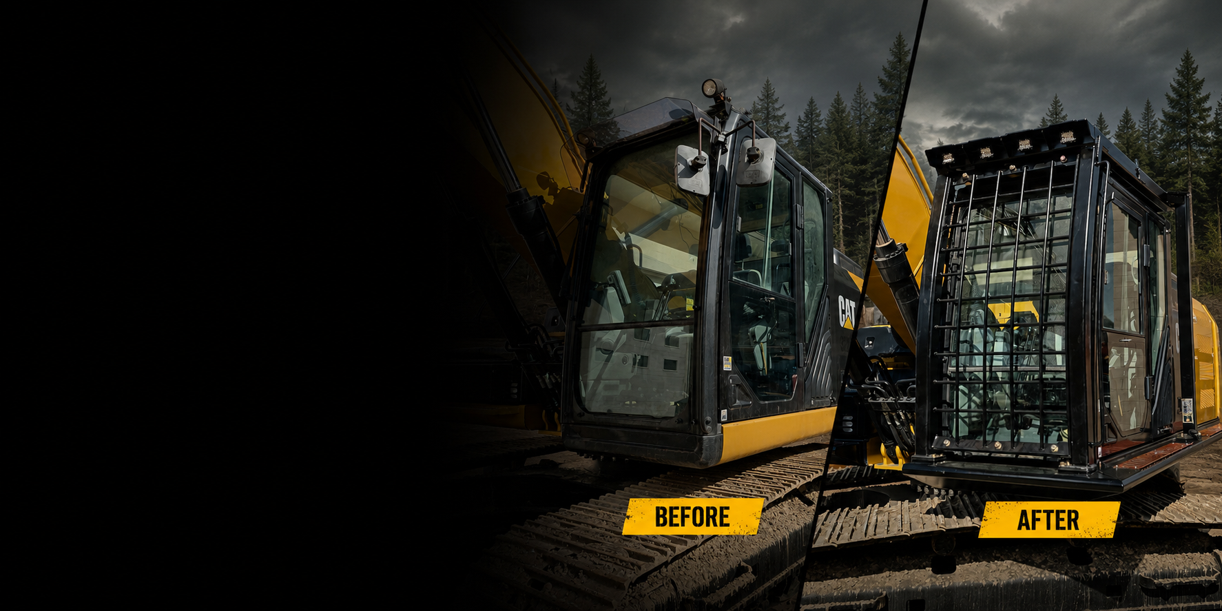 Before and after installation of FOPS on CAT excavator