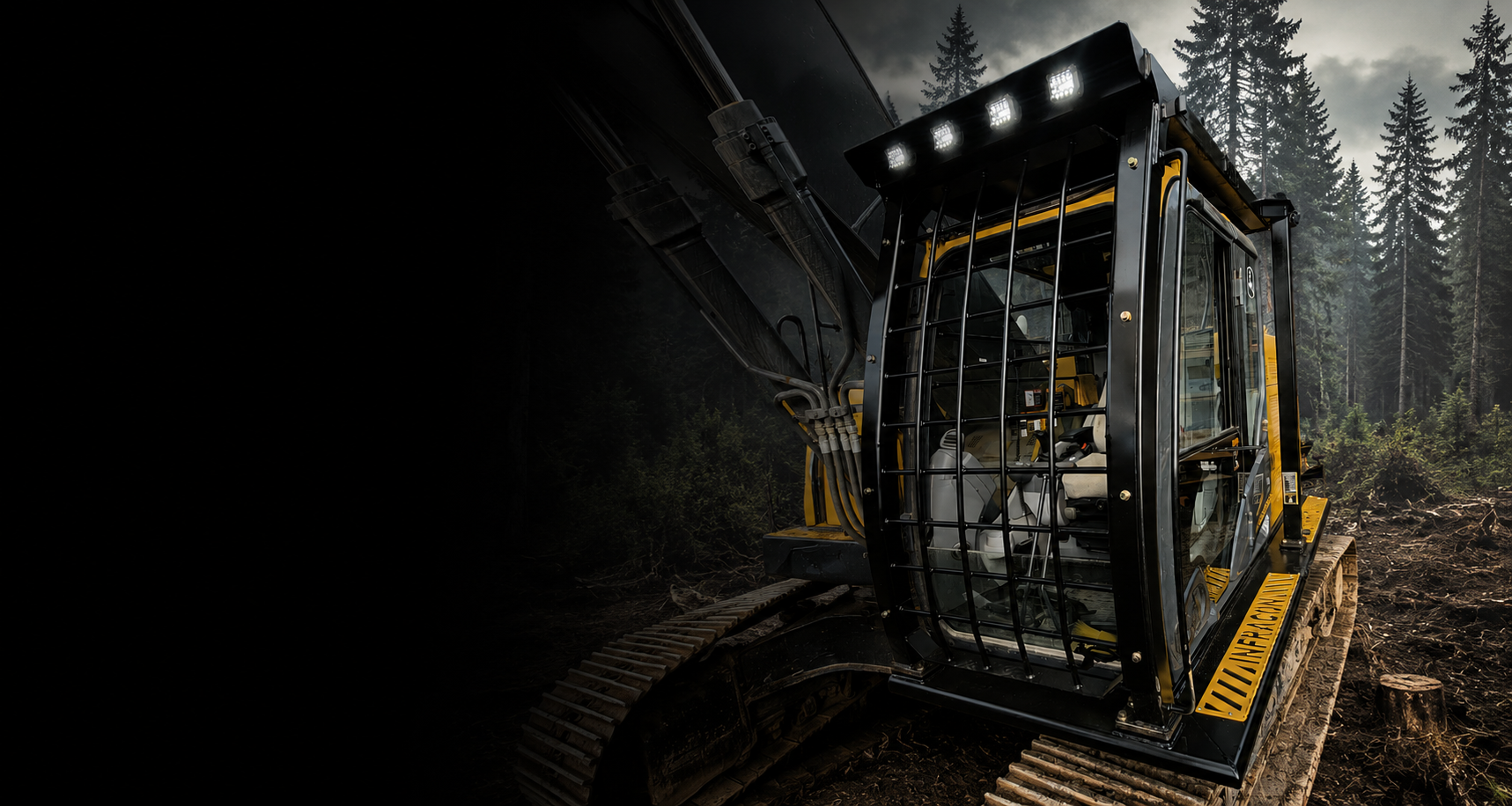 John Deere excavator with FOPS installed showing a forest setting fading to black