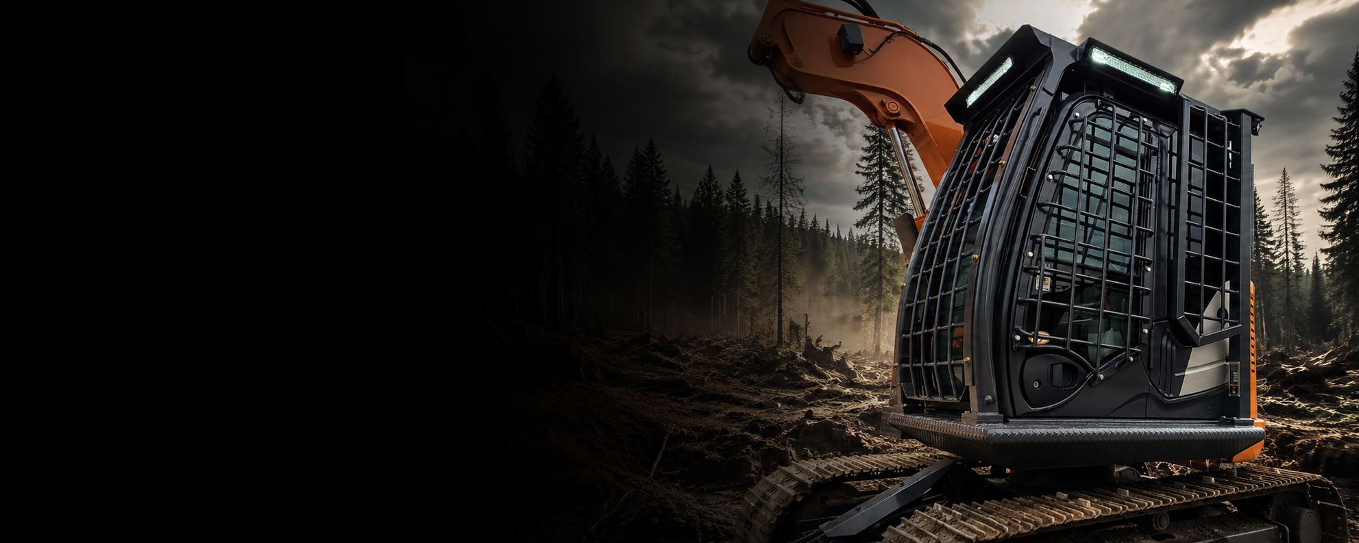 Excavator in misty forest with full guarding installed