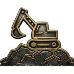 Icon with excavator on rocks indicating access to rough terrain