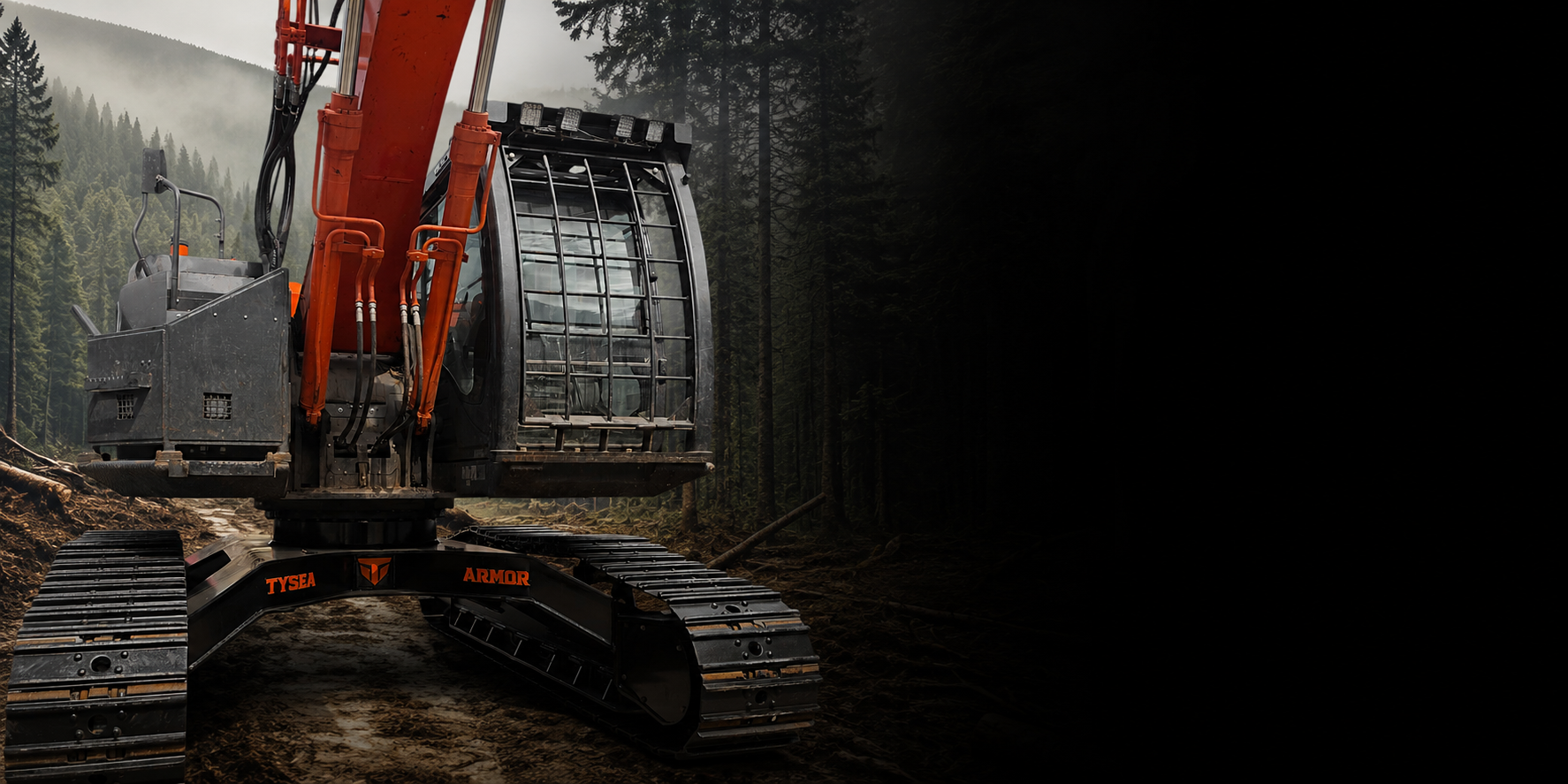 Hitachi ZX245 in a forestry setting featuring a high walker undercarriage conversion